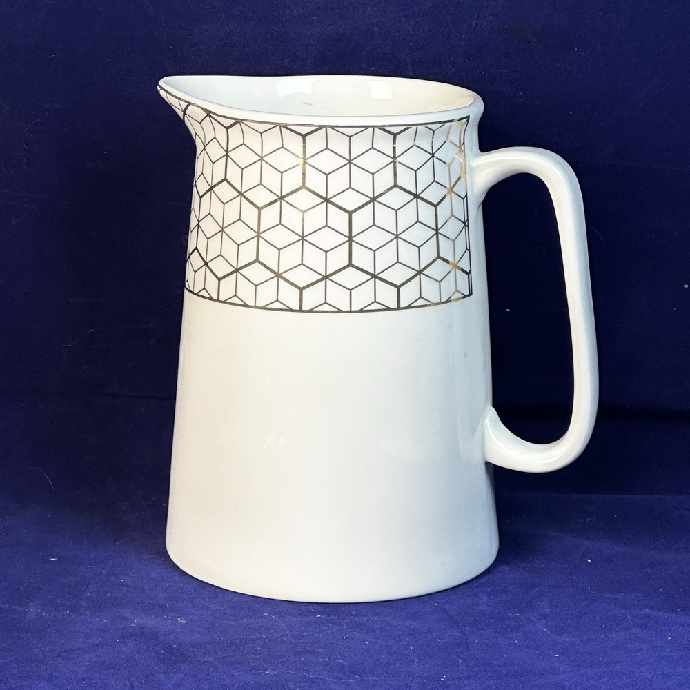 Grace's White with Metallic Gold Geometric Trim Porcelain Teapot Pitcher - Picture 2 of 13